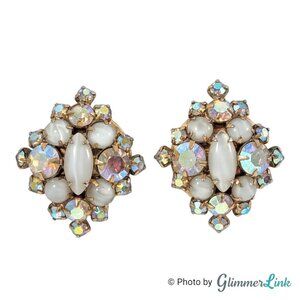Vintage AB Aurora Borealis & White Stone Cluster Gold Tone Clip On Earrings
